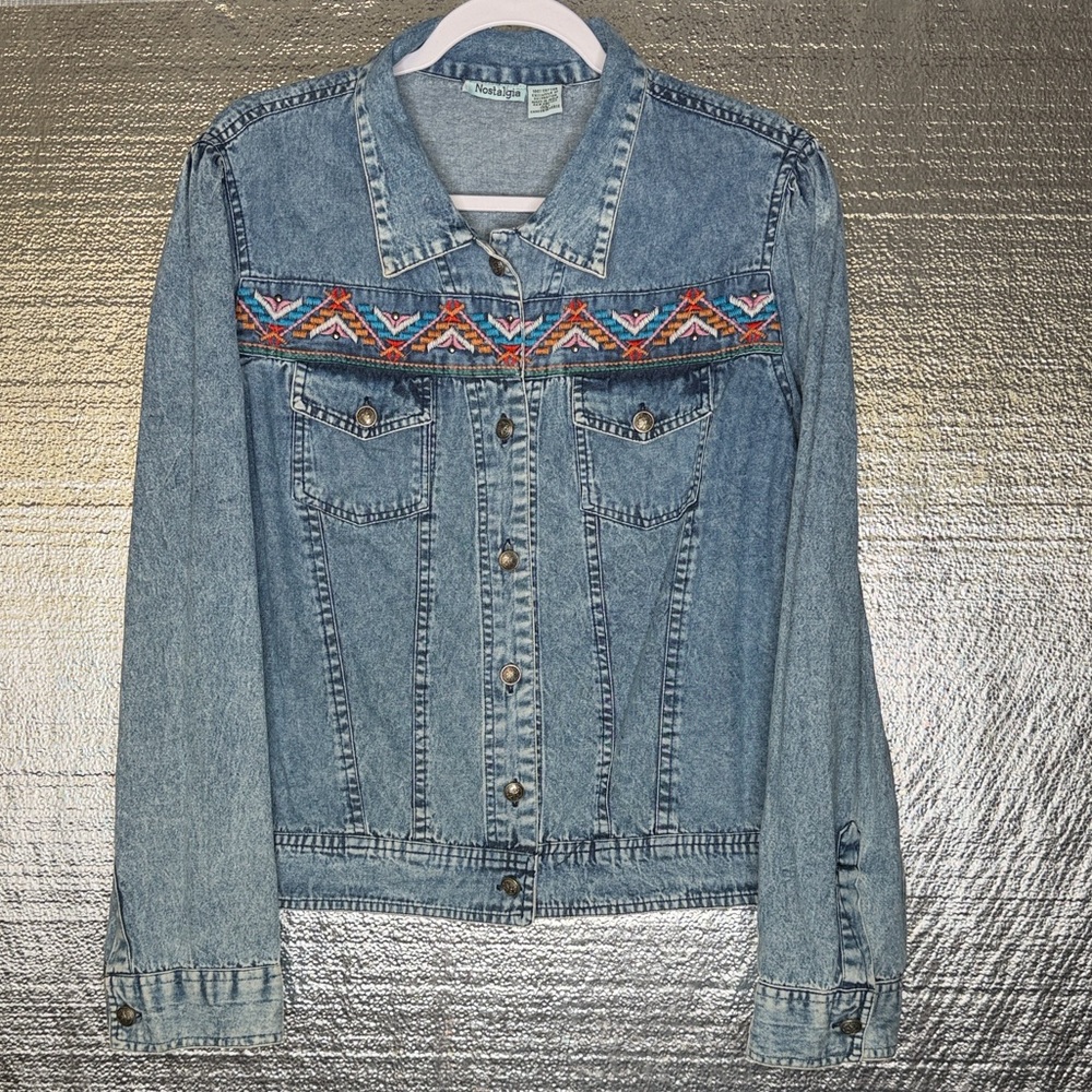 Nostalgia Blue Denim Shirt with Colorful Pattern